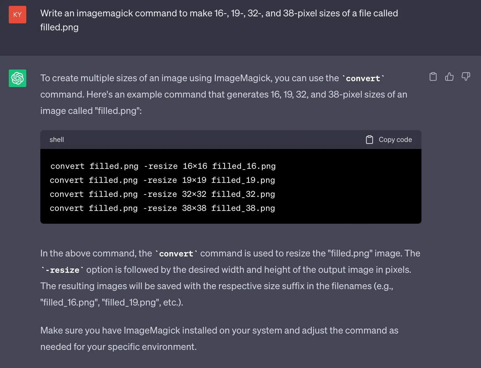A screenshot of ChatGPT writing a shell script using ImageMagick