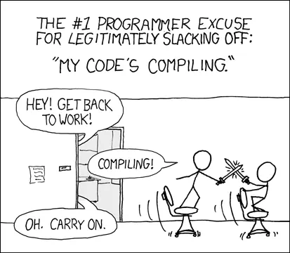 An XKCD comic of two programmers fighting with toy swords. Their boss yells at them to work, but they say their code is compiling.