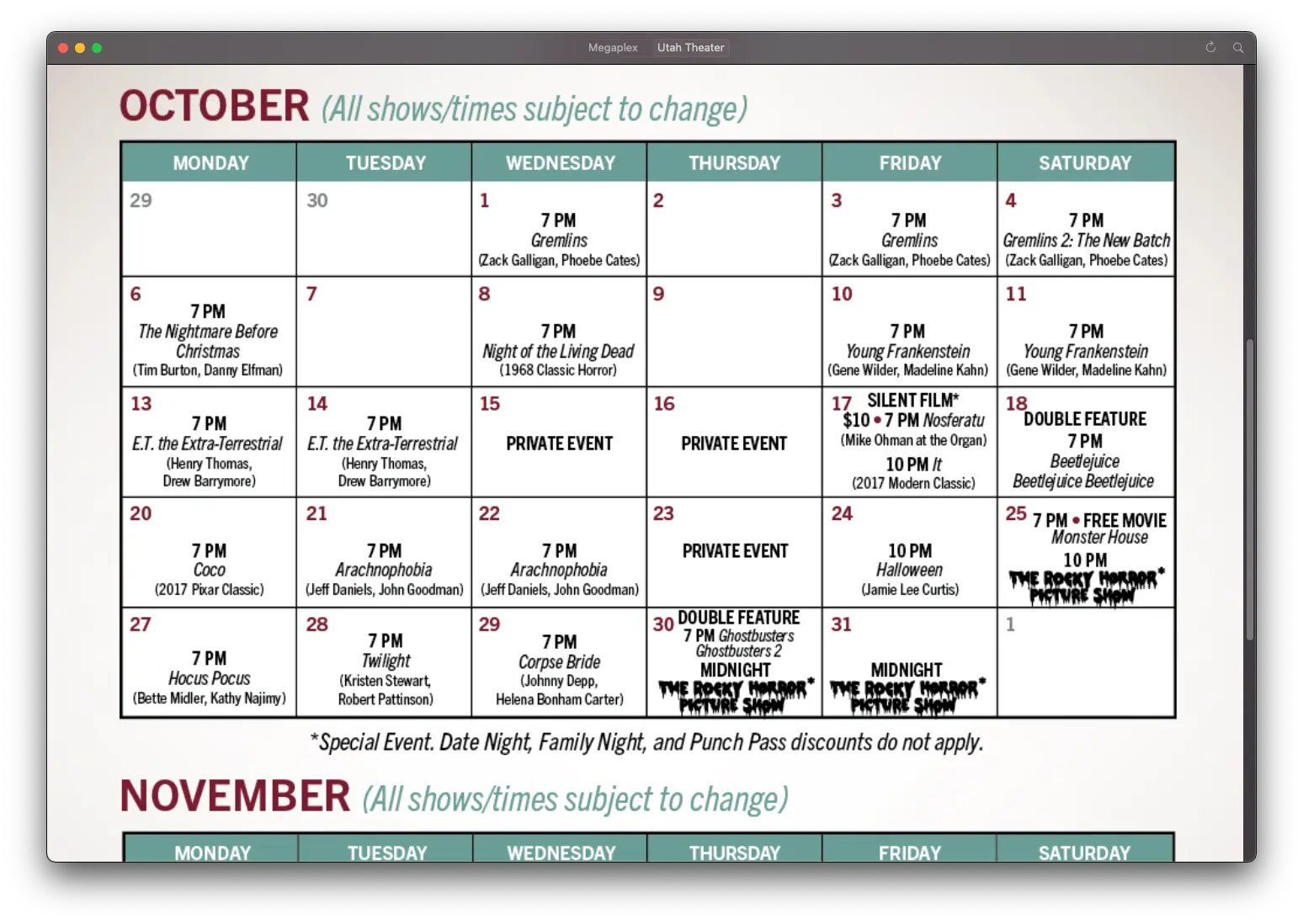 A screenshot of Film Cache showing the Utah Theatre schedule