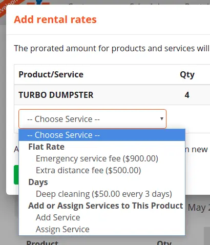 The add service dropdown for ServiceCore rental rates