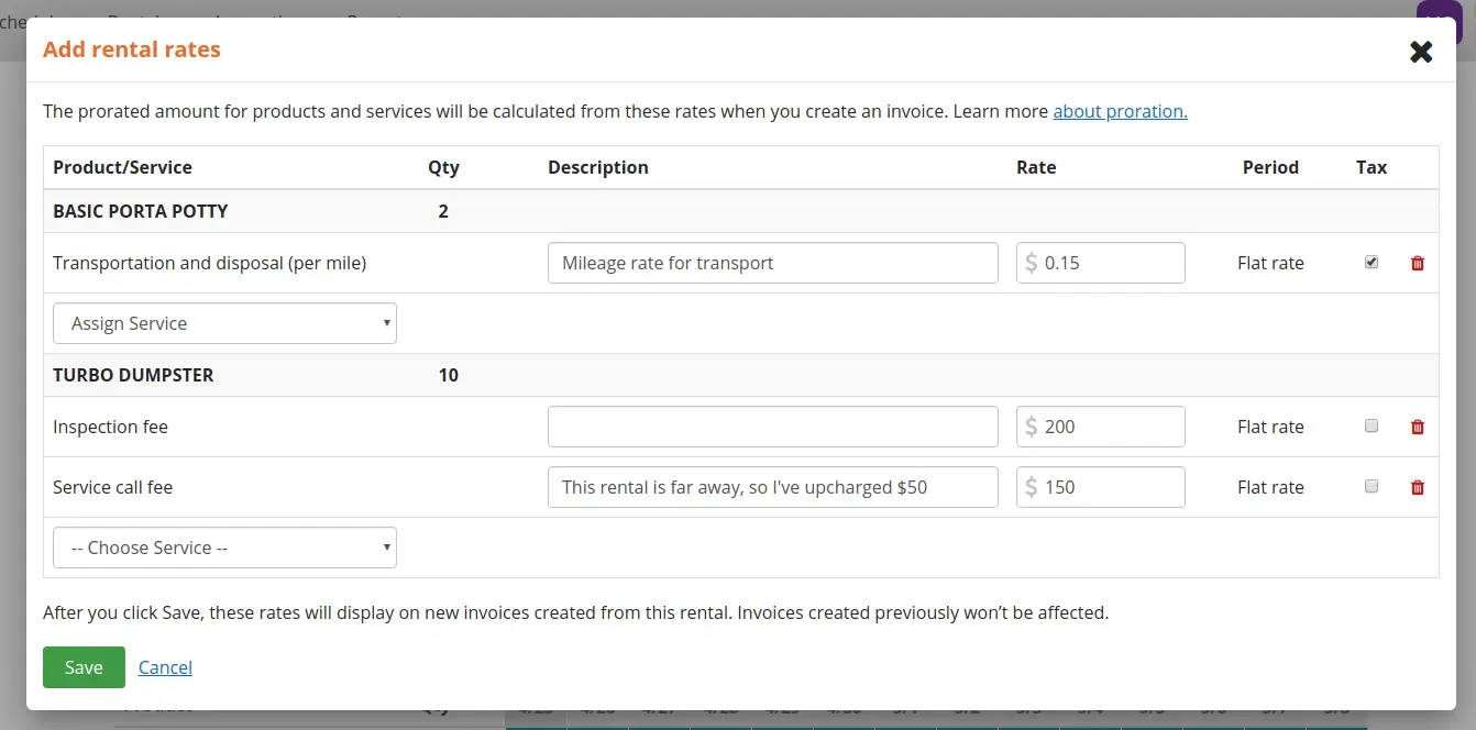 Overall view of the rate input table
