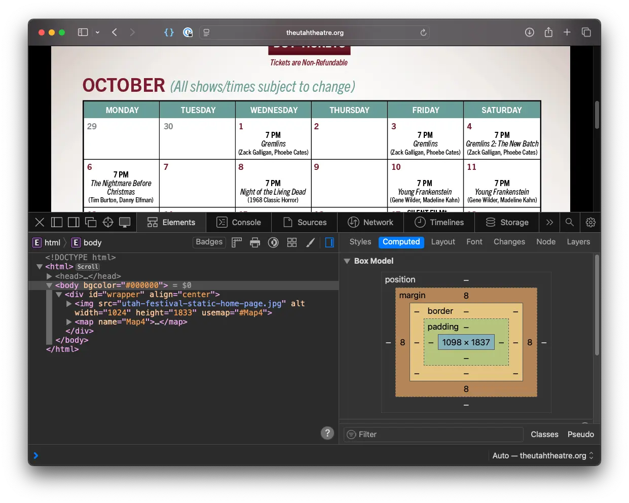 A screenshot of browser dev tools displaying the Utah Theatre website source code, which is just an image
