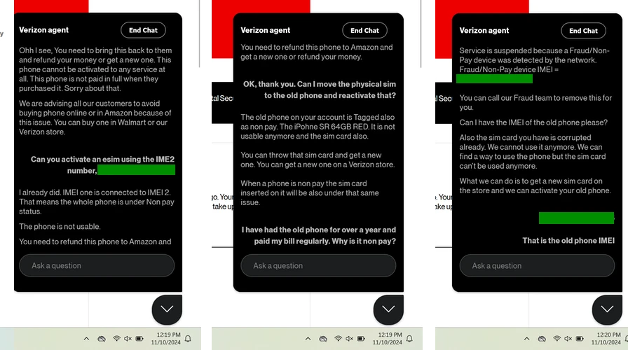 A screenshot of a Verizon customer representative telling me over chat they do not recommend people purchase refurbished phones from Amazon